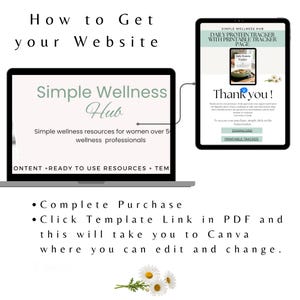 May include: A laptop and tablet displaying the Simple Wellness Hub website and a digital download page. The screens show text including Daily Protein Tracker, Thank you, and instructions for accessing templates via Canva, accented by white daisy graphics.