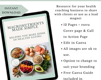 Macronutrient Made Simple , Nutrition Coach Ebook, Done For You Health Coaching Program Content, Lead Magnet Business Templates, Canva