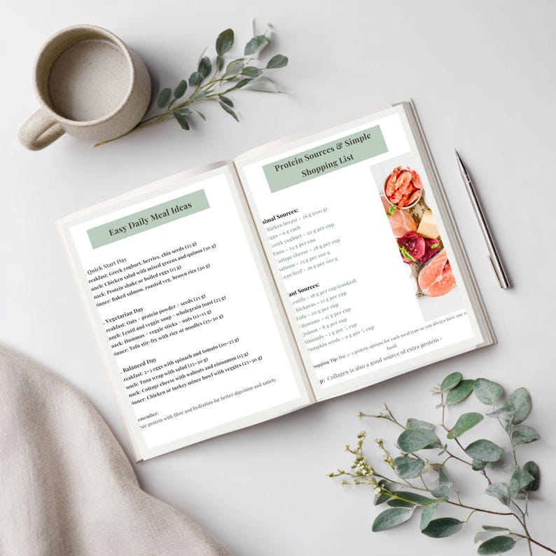 May include: An open notebook featuring a Protein Sources & Simple Shopping List and Easy Daily Meal Ideas with text and food imagery. A silver pen rests beside the notebook, accompanied by a ceramic mug and green leafy sprigs on a light surface.