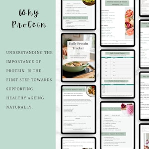 May include: A digital guide titled Why Protein featuring pages on protein sources, shopping lists, daily trackers, and meal plans. The layout includes text, recipe ingredients, and food photography on a light green background with black text.