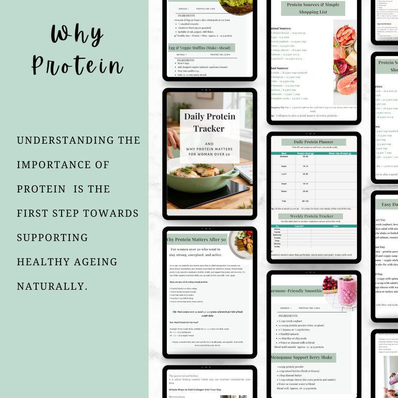 May include: A digital guide titled Why Protein featuring pages on protein sources, shopping lists, daily trackers, and meal plans. The layout includes text, recipe ingredients, and food photography on a light green background with black text.
