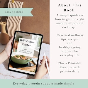 May include: A digital tablet displaying a book cover titled Daily Protein Tracker and Why Protein Matters for Woman Over 50, featuring a green bowl of food. Text on the side reads About This Book, a guide on protein, wellness tips, and a printable sheet.