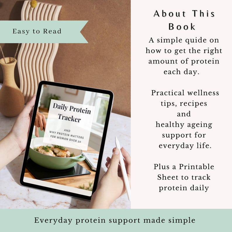 May include: A digital tablet displaying a book cover titled Daily Protein Tracker and Why Protein Matters for Woman Over 50, featuring a green bowl of food. Text on the side reads About This Book, a guide on protein, wellness tips, and a printable sheet.