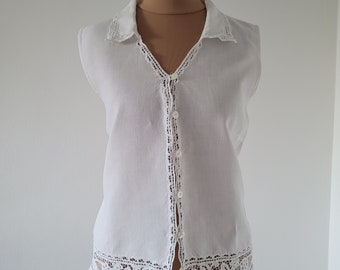 Vintage Leinen, Baumwollhemd, Bluse mit Spitze