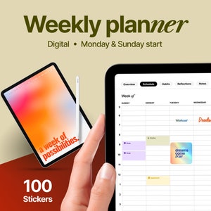 Planer tygodniowy, cyfrowy planer dla Goodnotes i Notability na iPadzie, niedatowany planer tygodniowy, planer z hiperłączami, planer PDF