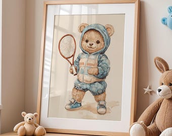 Vintage Illustration of a Bear Playing Tennis – Watercolor Retro Illustration for Nursery, Kids Room & Sports Fan Decor