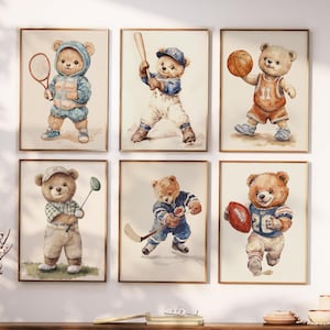 6-Piece Vintage Bear Sports Wall Art Set – Watercolor Nursery Decor, Baby Shower Gift for Boys & Kids Room Sports Illustrations