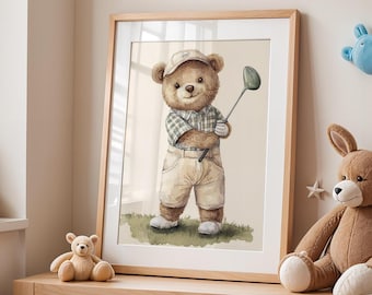Bear Golf Illustration: Retro Watercolor Print for Nursery (Digital Download)