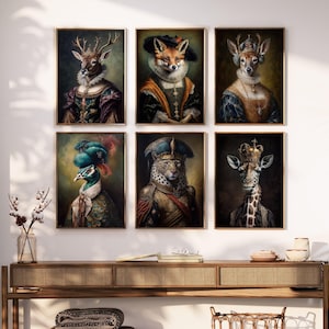 Victorian Animal Portrait Set of 6, Royal Animal Painting, Renaissance Animal Portrait, Animal Funny Poster, Altered Art,