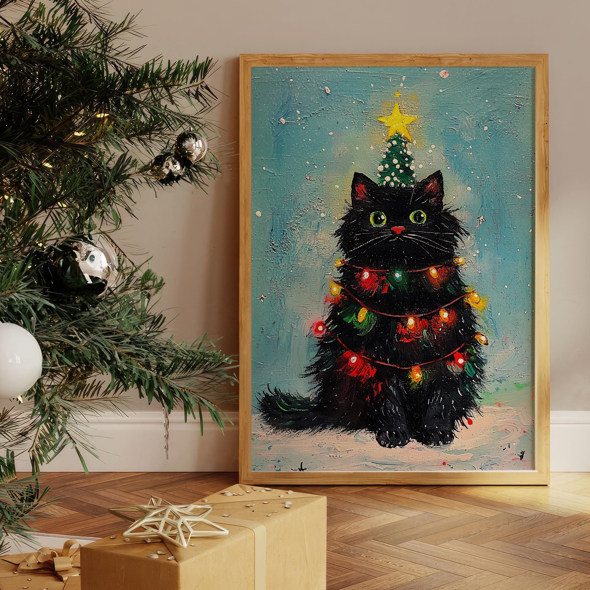 Black Cat Christmas Tree Oil Painting Altered Merry Christmas