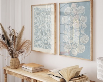 Beige And Sky Blue Painting Set of 2, Coastal Boho Minimalist Poster Set, Aesthetic Art, Baby Blue Wall Art, Oysters and Waves Line Art