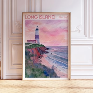 Impresión artística de acuarela de Long Island - Impresión de Long Island - Póster de viaje de Nueva York, EE. UU. - Arte mural de ciudades del mundo - Arte de viaje en colores pastel