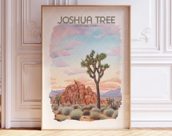 Joshua Tree National Park Watercolor Travel Poster - US National Parks - Soft Pastel Tones - Colorful Landscape Wall Art