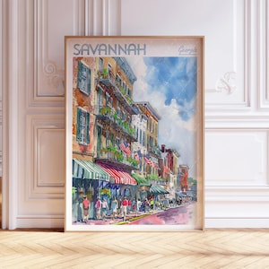 Savannah Georgia Aquarell Reiseplakat, Weltreisekunst, Georgia Wandkunst, Küstenwanddekor, Geschenk für Reisende