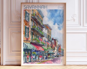 Savannah Georgia Watercolor Travel Poster, World Travel Art, Georgia Wall Art, Coastal Wall Decor, Gift For Traveler