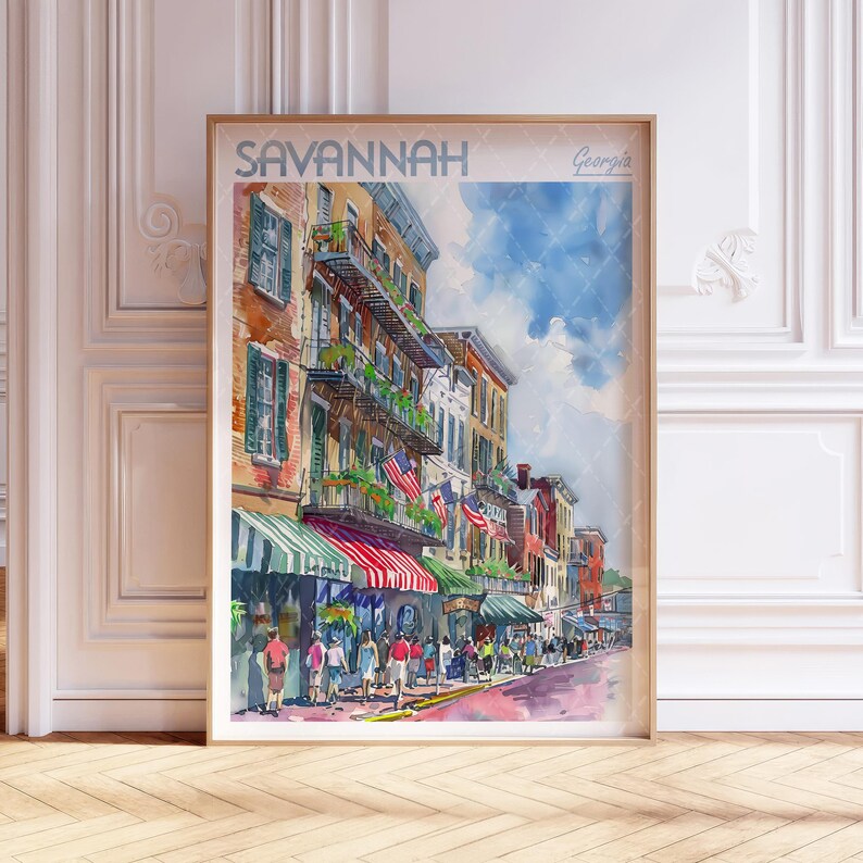 Akvarell reseposter från Savannah, Georgia, världsresekonst, väggkonst i Georgia, kustväggdekor, present till resenär bild 1