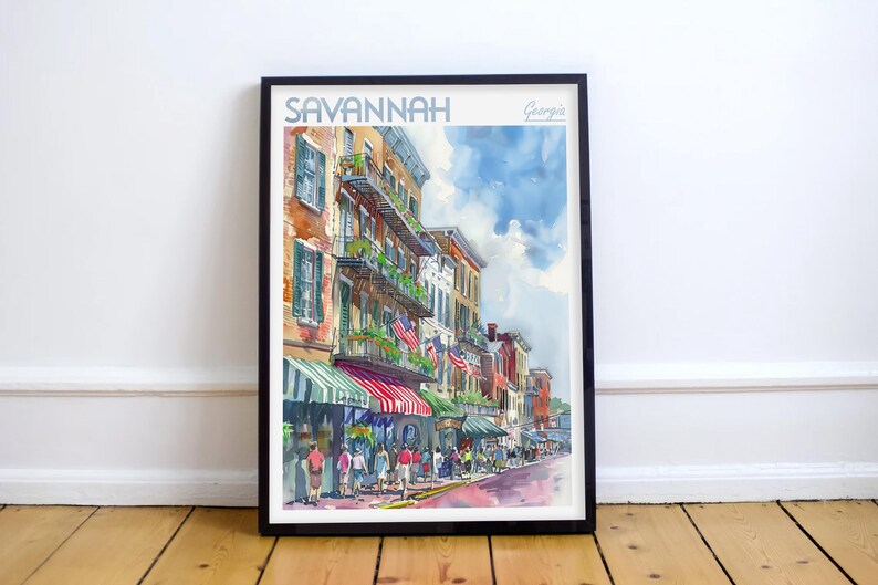 Akvarell reseposter från Savannah, Georgia, världsresekonst, väggkonst i Georgia, kustväggdekor, present till resenär bild 3