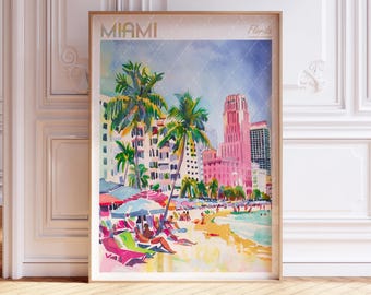 May include: A watercolor painting of a Miami, Florida beach scene. The painting features palm trees, colorful buildings, and people relaxing on the beach. The text "Miami" and "Florida" are visible in the top corners of the painting.