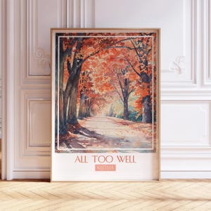 Op de afbeelding: Een aquarel schilderij van een pad door een bos in de herfst. De bomen zijn fel rood en oranje, en het pad is bezaaid met gevallen bladeren. De tekst "ALL TOO WELL RED|03" staat onderaan de afbeelding.