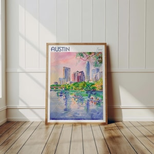 Austin Texas Watercolor Travel Poster, World Travel Art, Texas Wall Art, Dorm Room Wall Decor, Gift For Traveler image 3