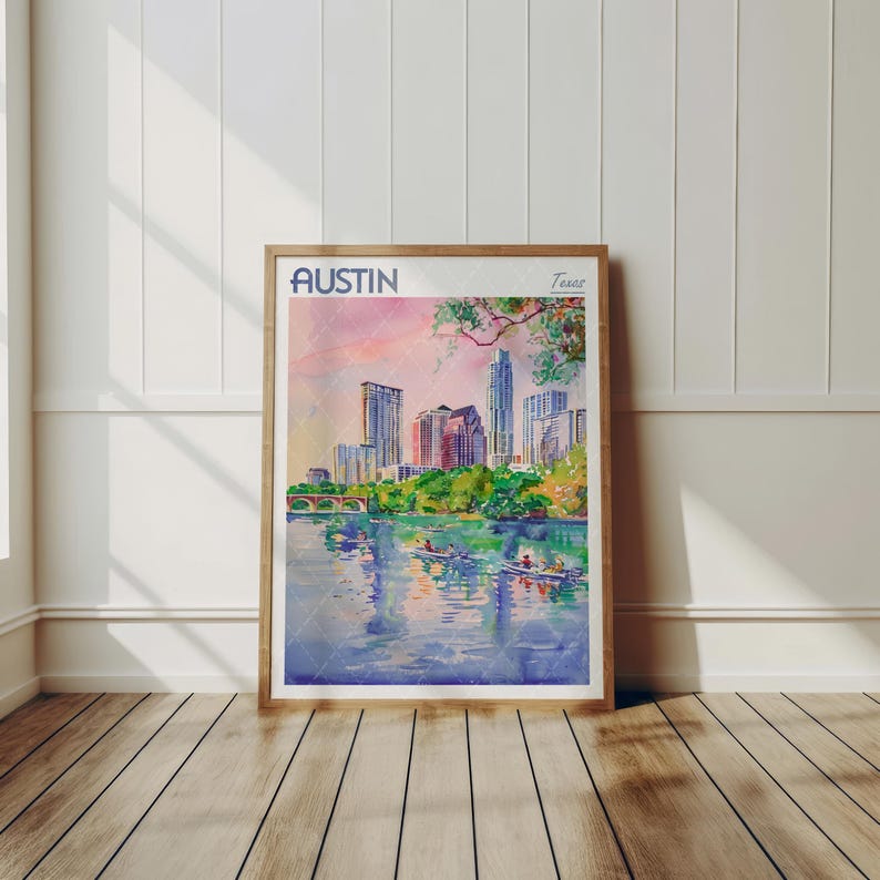 Austin Texas Watercolor Travel Poster, World Travel Art, Texas Wall Art, Dorm Room Wall Decor, Gift For Traveler image 3