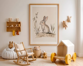 Neutral Bunny Nursery Print – Rustic Farmhouse Baby Room Art, Soft Earth Tone Animal Illustration, Cute Rabbit Wall Decor