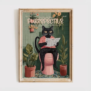Purrspective Magazine Cover Print , Funny Cat Poster, Black Cat in Toilet, Gift for Cat Lover