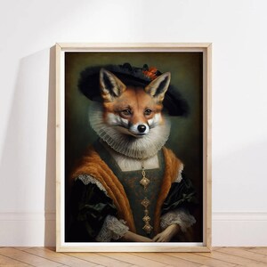 Fox Vintage Portrait, Royal Pet Painting, Renaissance Animal Portrait, Animal Head Human Body Funny Poster, Altered Art Print, Unique Print