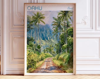 Oahu Watercolor Art Print - Tropical Print - Hawaii USA Travel Poster - World Cities Wall Art - Pastel Colors Travel Art