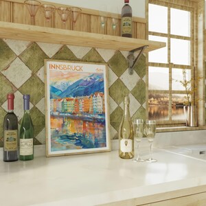 a kitchen counter with bottles of wine on it