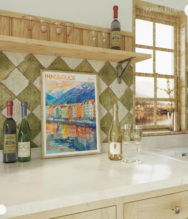 a kitchen counter with bottles of wine on it