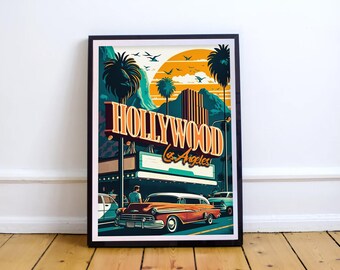 Póster de viaje retro de Hollywood Los Ángeles, arte de viajes por el mundo, arte de pared colorido vintage, decoración de pared de Boulevard Sunset Strip,