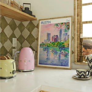 Austin Texas Watercolor Travel Poster, World Travel Art, Texas Wall Art, Dorm Room Wall Decor, Gift For Traveler image 1