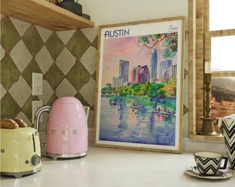 Austin Texas Watercolor Travel Poster, World Travel Art, Texas Wall Art, Dorm Room Wall Decor, Gift For Traveler