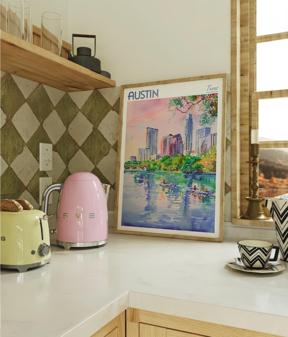 Austin Texas Watercolor Travel Poster, World Travel Art, Texas Wall Art, Dorm Room Wall Decor, Gift For Traveler