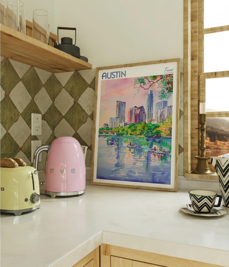 Austin Texas Watercolor Travel Poster, World Travel Art, Texas Wall Art, Dorm Room Wall Decor, Gift For Traveler image 1
