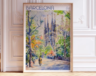 Barcelona City Watercolor Poster - Cathedral de Barcelona Art Print - Spain Wall Decor - European Travel Poster - Pastel Colors Travel Art