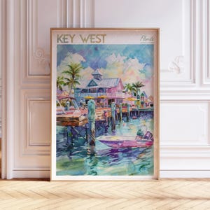 Impression d'art aquarelle de Key West - impression de la ville de Key West - affiche de voyage Floride USA - art mural villes du monde - art de voyage couleurs pastel