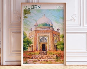 Akvarell konsttryck i Multan - Shah Rukn-e-Alam-tryck - Reseaffisch i Pakistan - Väggkonst i världsstäder - Resekonst i pastellfärger