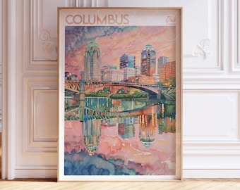 Columbus Ohio Watercolor Travel Poster, World Travel Art, Columbus City Wall Art, Dorm Room Wall Decor, Gift For Traveler