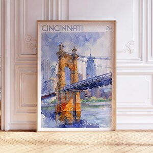 Cartaz de viagem em aquarela de Cincinnati Ohio, arte de viagem mundial, arte de parede de Cincinnati, decoração de parede de dormitório, presente para viajantes