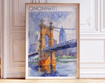 Cartaz de viagem em aquarela de Cincinnati Ohio, arte de viagem mundial, arte de parede de Cincinnati, decoração de parede de dormitório, presente para viajantes