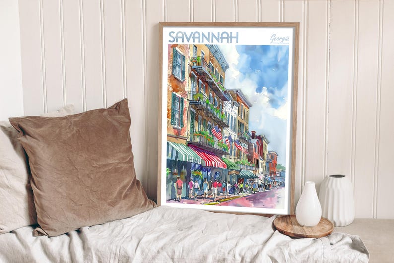 Akvarell reseposter från Savannah, Georgia, världsresekonst, väggkonst i Georgia, kustväggdekor, present till resenär bild 2