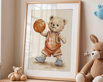 Bear Basketball Watercolor Print: Retro Nursery Sports Decor (Digital Download)