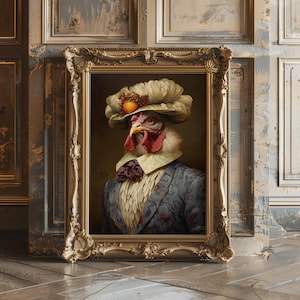 Mr. Huhn Vintage Portrait, Geschenk für Tierliebhaber, Renaissance Tier Portrait, einzigartiger Kunstdruck, lustiges Huhn Poster