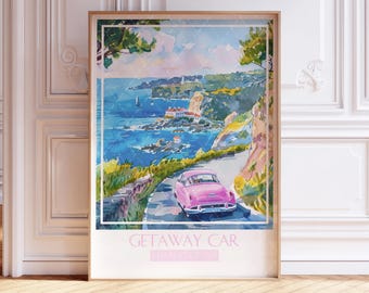 May include: A vintage pink car driving on a winding road along a coastal cliffside. The car is driving towards a small town with white buildings. The sky is blue with white clouds. The text "GETAWAY CAR" is printed below the image.