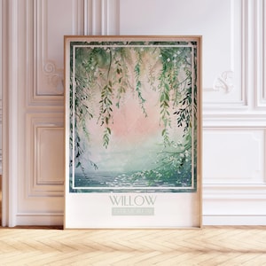 May include: A framed print with a watercolor painting of a willow tree with green leaves and white flowers hanging over a body of water. The text "WILLOW EVERMORE" is printed below the image.