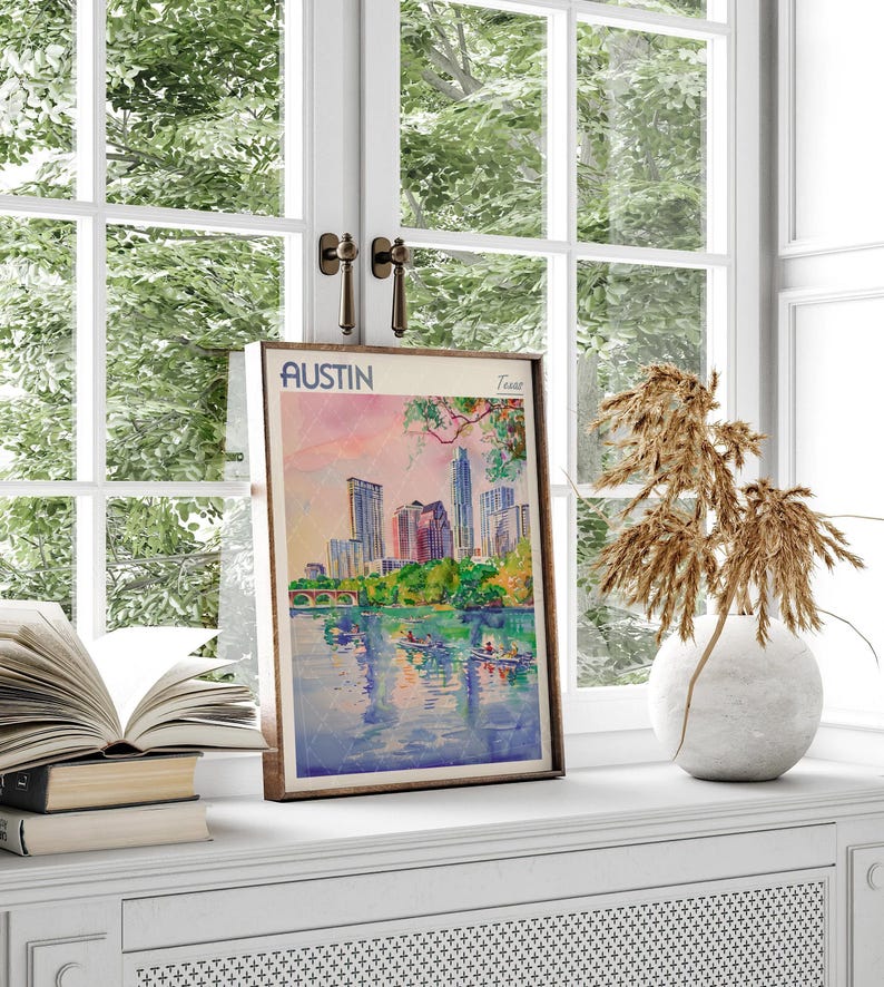 Austin Texas Watercolor Travel Poster, World Travel Art, Texas Wall Art, Dorm Room Wall Decor, Gift For Traveler image 6