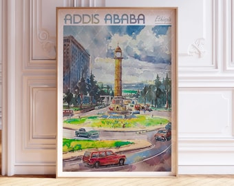 Cartel de acuarela de Addis Abeba - Arte de la pared del horizonte de la ciudad - Cartel de Etiopía - Impresión de arte de África - Cartel de la ciudad de color pastel