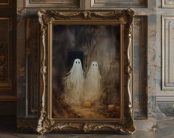 OANPRAMAD Söta spöken i fält, kuslig hemsökt skogsväggkonst, Halloweenkonsttryck, Vintage dämpade neutrala utskrivbara material, Arktryck av spöken